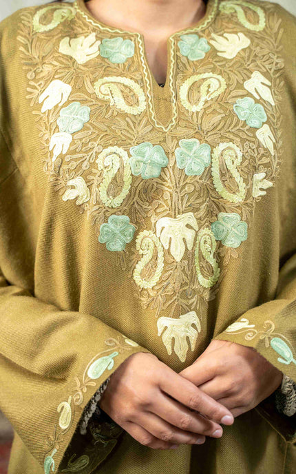 Kashmiri Paisley Aari Work Phiran - Olive - ARTISANS KASHMIR