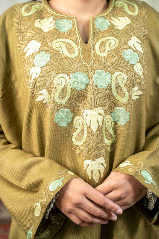 Kashmiri Paisley Aari Work Phiran - Olive - ARTISANS KASHMIR