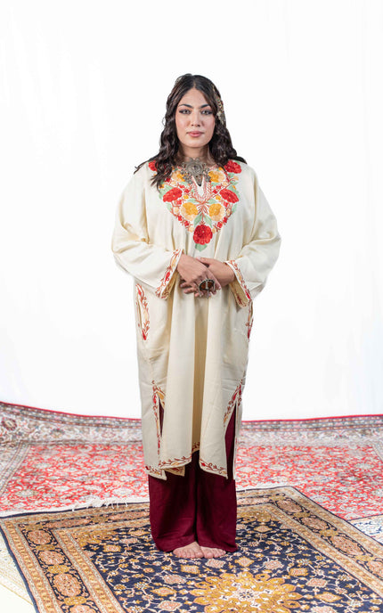 Kashmiri Floral Aari Work Phiran - White - ARTISANS KASHMIR