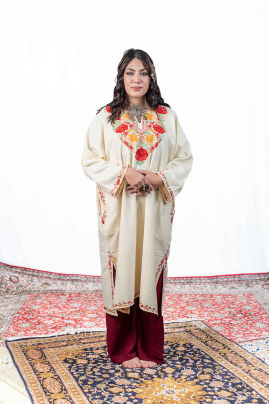 Kashmiri Floral Aari Work Phiran - White - ARTISANS KASHMIR