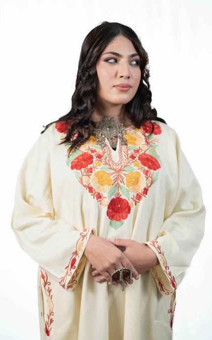 Kashmiri Floral Aari Work Phiran - White - ARTISANS KASHMIR