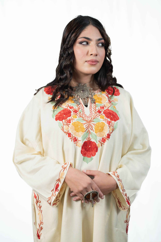 Kashmiri Floral Aari Work Phiran - White - ARTISANS KASHMIR