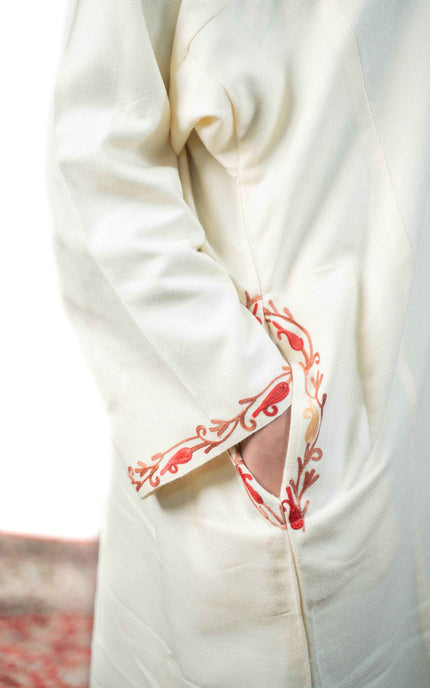 Kashmiri Floral Aari Work Phiran - White - ARTISANS KASHMIR