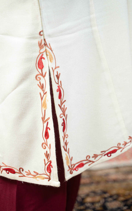 Kashmiri Floral Aari Work Phiran - White - ARTISANS KASHMIR