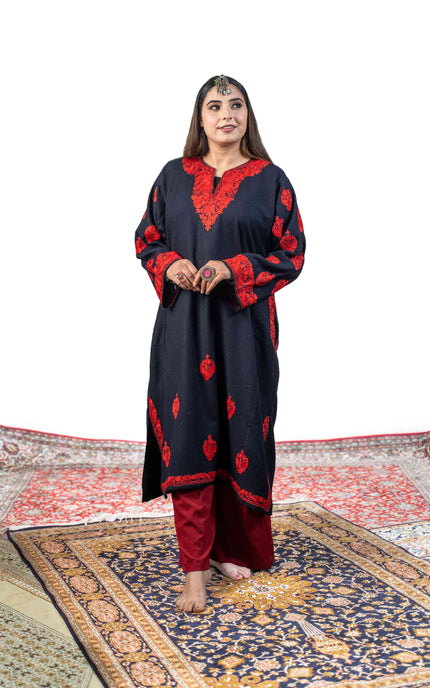 Kashmiri Red Aari Work Phiran - Black - ARTISANS KASHMIR