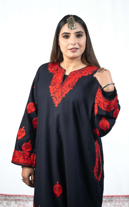Kashmiri Red Aari Work Phiran - Black - ARTISANS KASHMIR