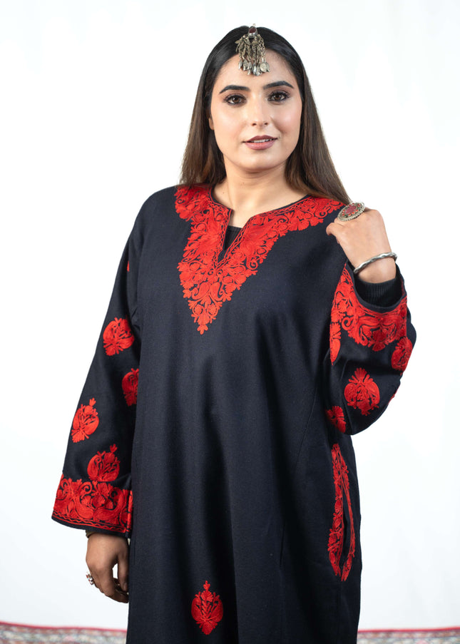 Kashmiri Red Aari Work Phiran - Black - ARTISANS KASHMIR