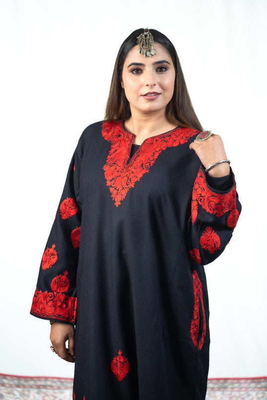 Kashmiri Red Aari Work Phiran - Black - ARTISANS KASHMIR