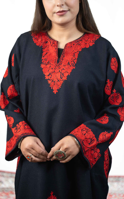 Kashmiri Red Aari Work Phiran - Black - ARTISANS KASHMIR