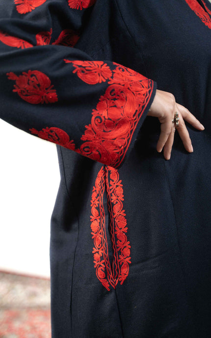 Kashmiri Red Aari Work Phiran - Black - ARTISANS KASHMIR