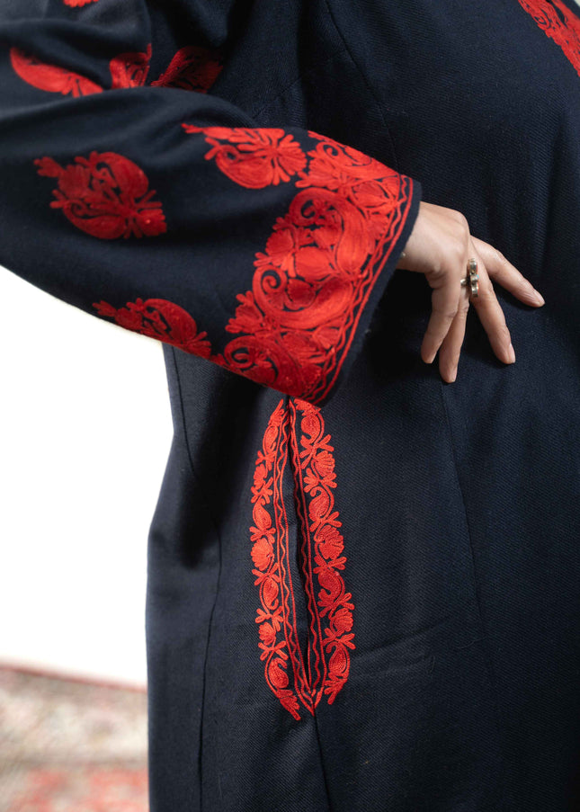 Kashmiri Red Aari Work Phiran - Black - ARTISANS KASHMIR