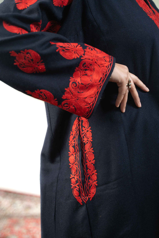 Kashmiri Red Aari Work Phiran - Black - ARTISANS KASHMIR