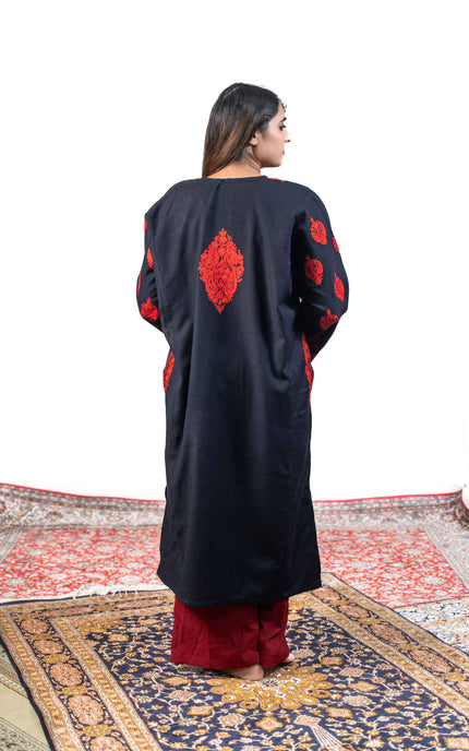 Kashmiri Red Aari Work Phiran - Black - ARTISANS KASHMIR