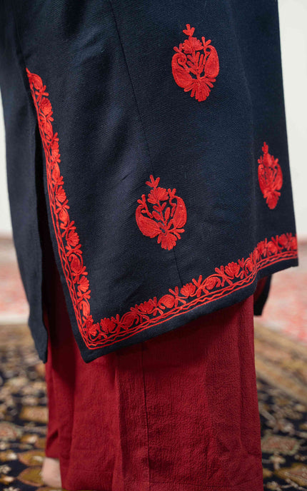 Kashmiri Red Aari Work Phiran - Black - ARTISANS KASHMIR