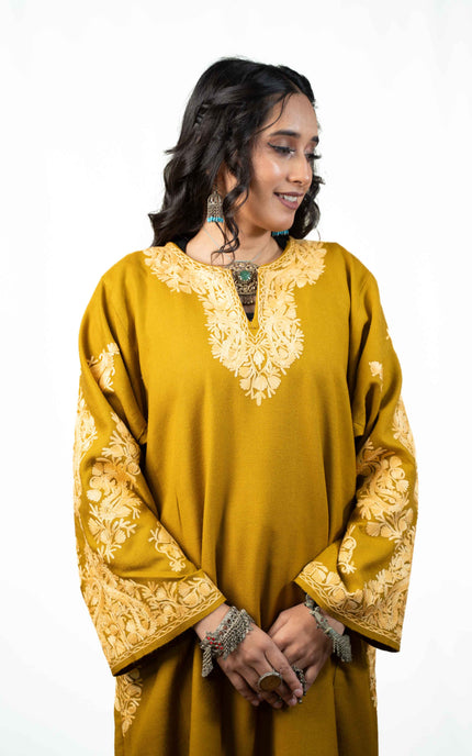 Kashmiri Aari Work Phiran - Mustard - ARTISANS KASHMIR