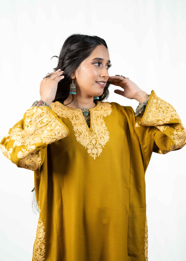 Kashmiri Aari Work Phiran - Mustard - ARTISANS KASHMIR