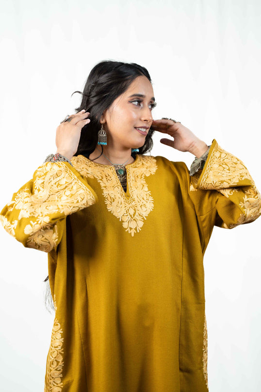 Kashmiri Aari Work Phiran - Mustard - ARTISANS KASHMIR