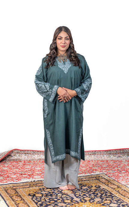 Kashmiri Aari Work Phiran - Tropical Teal - ARTISANS KASHMIR