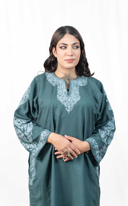 Kashmiri Aari Work Phiran - Tropical Teal - ARTISANS KASHMIR