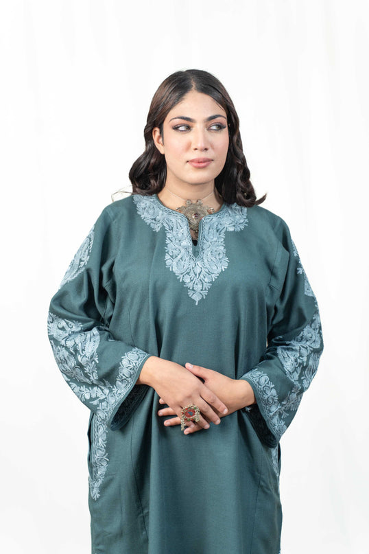 Kashmiri Aari Work Phiran - Tropical Teal - ARTISANS KASHMIR