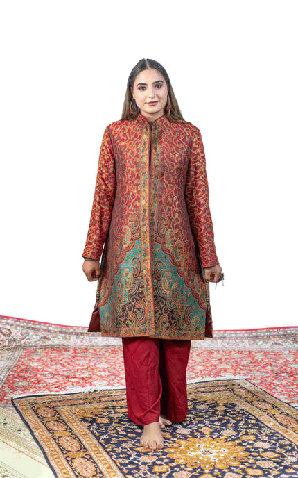 Kashmiri Kani With Zari Embroidery Jacket - Red Zari | Silk Long - ARTISANS KASHMIR
