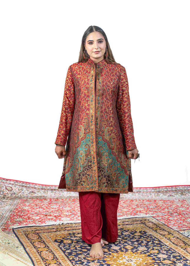 Kashmiri Kani With Zari Embroidery Jacket - Red Zari | Silk Long - ARTISANS KASHMIR