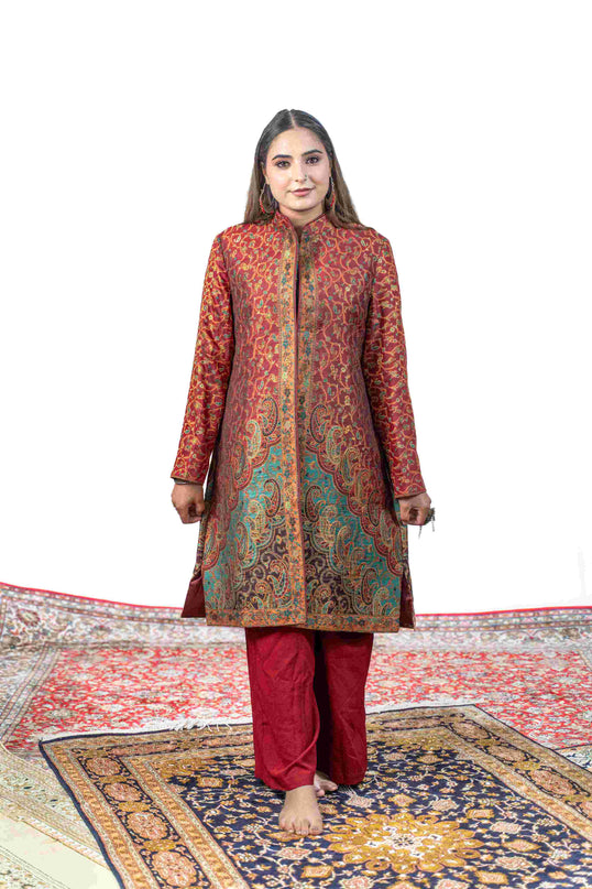 Kashmiri Kani With Zari Embroidery Jacket - Red Zari | Silk Long - ARTISANS KASHMIR
