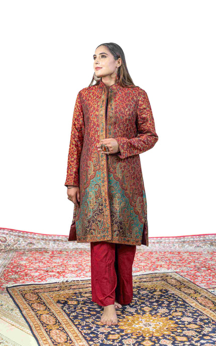 Kashmiri Kani With Zari Embroidery Jacket - Red Zari | Silk Long - ARTISANS KASHMIR