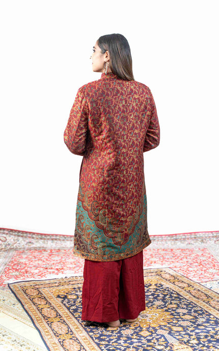 Kashmiri Kani With Zari Embroidery Jacket - Red Zari | Silk Long - ARTISANS KASHMIR