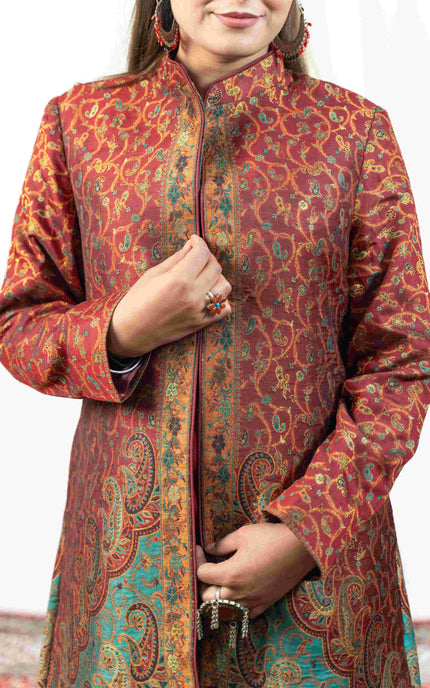 Kashmiri Kani With Zari Embroidery Jacket - Red Zari | Silk Long - ARTISANS KASHMIR