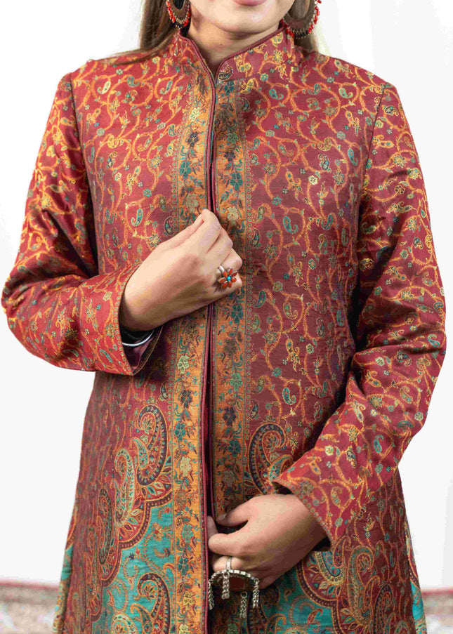Kashmiri Kani With Zari Embroidery Jacket - Red Zari | Silk Long - ARTISANS KASHMIR