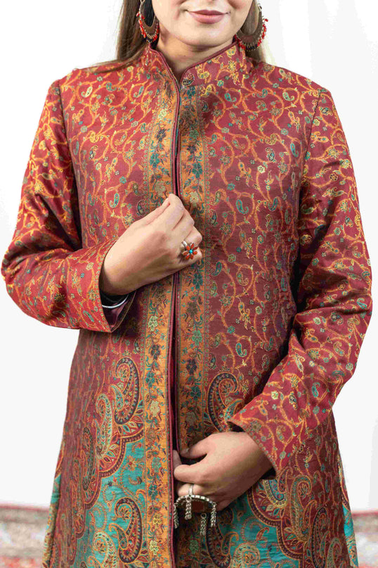 Kashmiri Kani With Zari Embroidery Jacket - Red Zari | Silk Long - ARTISANS KASHMIR
