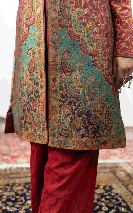 Kashmiri Kani With Zari Embroidery Jacket - Red Zari | Silk Long - ARTISANS KASHMIR