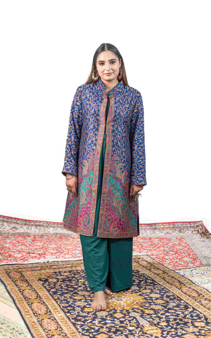 Kashmiri Kani With Zari Embroidery Jacket - Blue Zari | Silk Long - ARTISANS KASHMIR