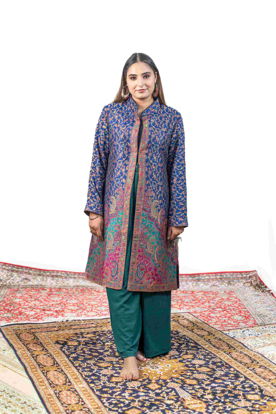Kashmiri Kani With Zari Embroidery Jacket - Blue Zari | Silk Long - ARTISANS KASHMIR