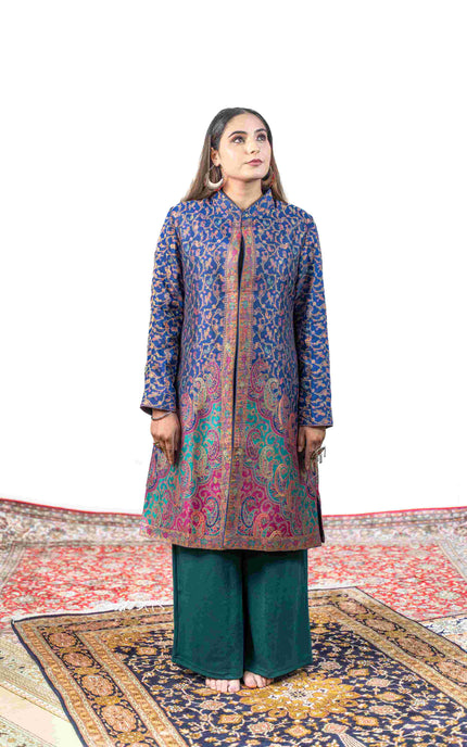 Kashmiri Kani With Zari Embroidery Jacket - Blue Zari | Silk Long - ARTISANS KASHMIR