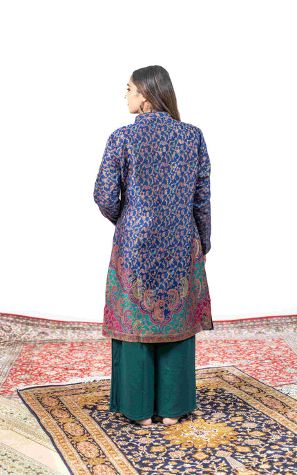 Kashmiri Kani With Zari Embroidery Jacket - Blue Zari | Silk Long - ARTISANS KASHMIR