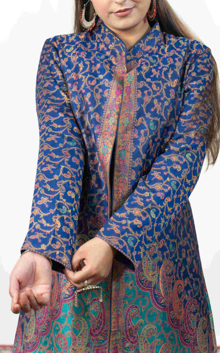 Kashmiri Kani With Zari Embroidery Jacket - Blue Zari | Silk Long - ARTISANS KASHMIR