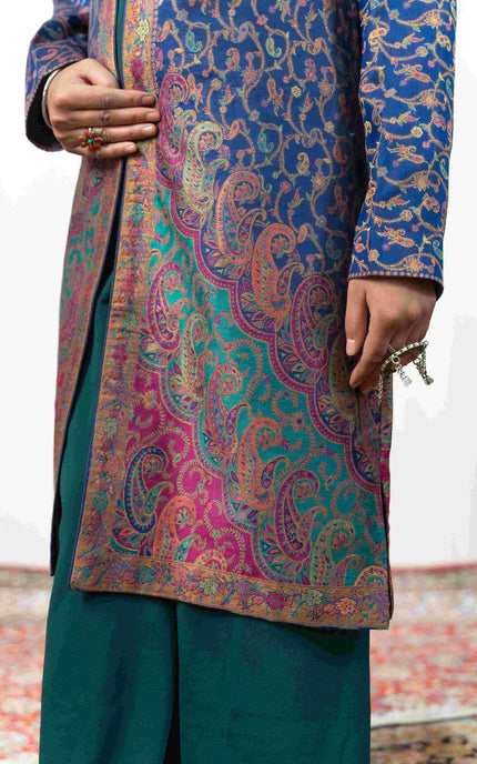 Kashmiri Kani With Zari Embroidery Jacket - Blue Zari | Silk Long - ARTISANS KASHMIR