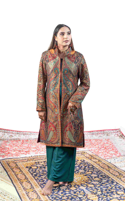Kashmiri Kani With Zari Embroidery Jacket - Designer Maroon Zari | Silk Long - ARTISANS KASHMIR