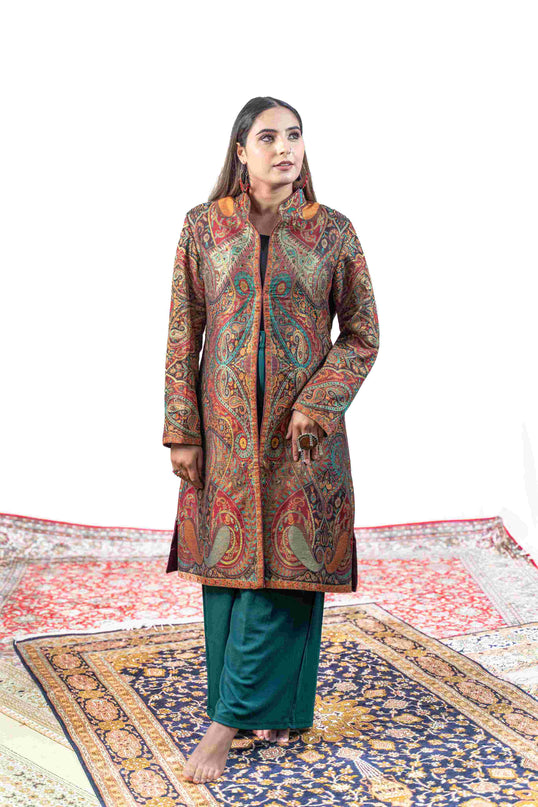 Kashmiri Kani With Zari Embroidery Jacket - Designer Maroon Zari | Silk Long - ARTISANS KASHMIR