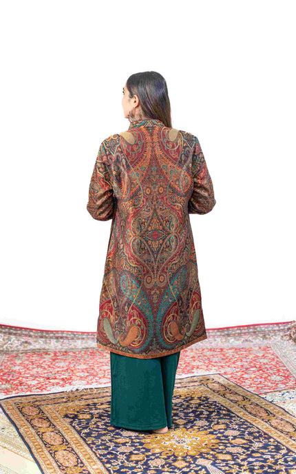 Kashmiri Kani With Zari Embroidery Jacket - Designer Maroon Zari | Silk Long - ARTISANS KASHMIR