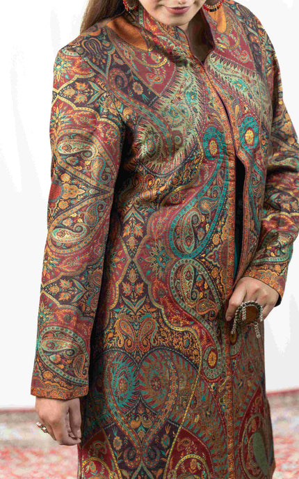 Kashmiri Kani With Zari Embroidery Jacket - Designer Maroon Zari | Silk Long - ARTISANS KASHMIR