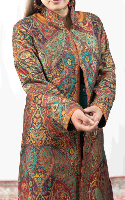 Kashmiri Kani With Zari Embroidery Jacket - Designer Maroon Zari | Silk Long - ARTISANS KASHMIR