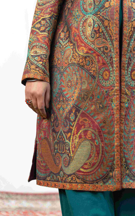 Kashmiri Kani With Zari Embroidery Jacket - Designer Maroon Zari | Silk Long - ARTISANS KASHMIR