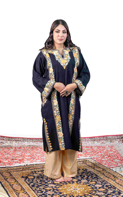 Kashmiri Pastel Aari Work Phiran - Black | Abshar - ARTISANS KASHMIR