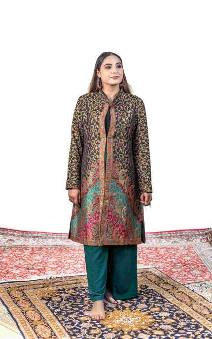 Kashmiri Kani With Zari Embroidery Jacket - Black Zari | Silk Long - ARTISANS KASHMIR