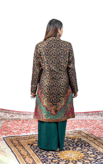 Kashmiri Kani With Zari Embroidery Jacket - Black Zari | Silk Long - ARTISANS KASHMIR