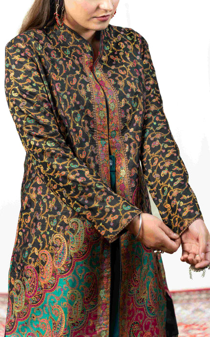 Kashmiri Kani With Zari Embroidery Jacket - Black Zari | Silk Long - ARTISANS KASHMIR