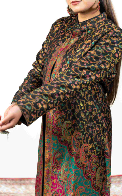Kashmiri Kani With Zari Embroidery Jacket - Black Zari | Silk Long - ARTISANS KASHMIR